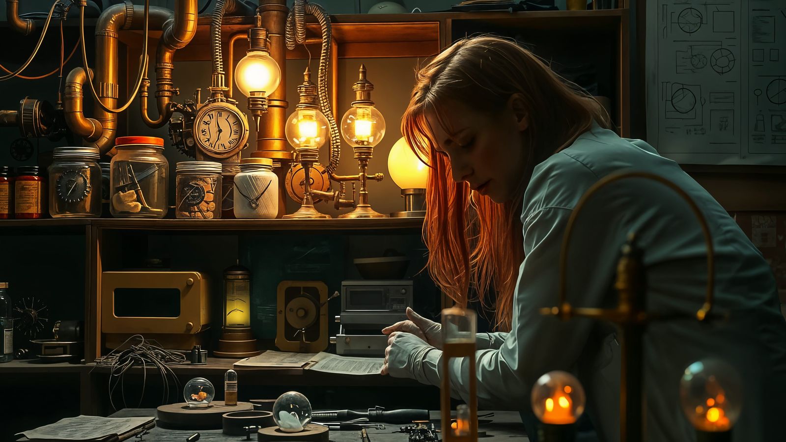 Steampunk Cyberpunk Laboratory Scene with Brilliant Redhead