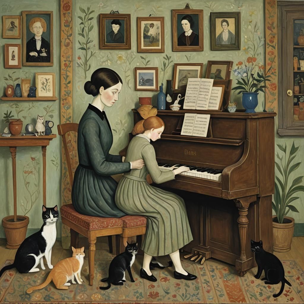 Girl Plays Piano for Cats in Naive Art Style