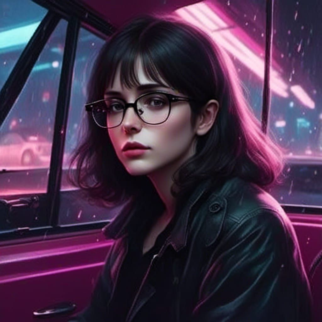 Neo-Noir Portrait in Rainy Synthwave Style