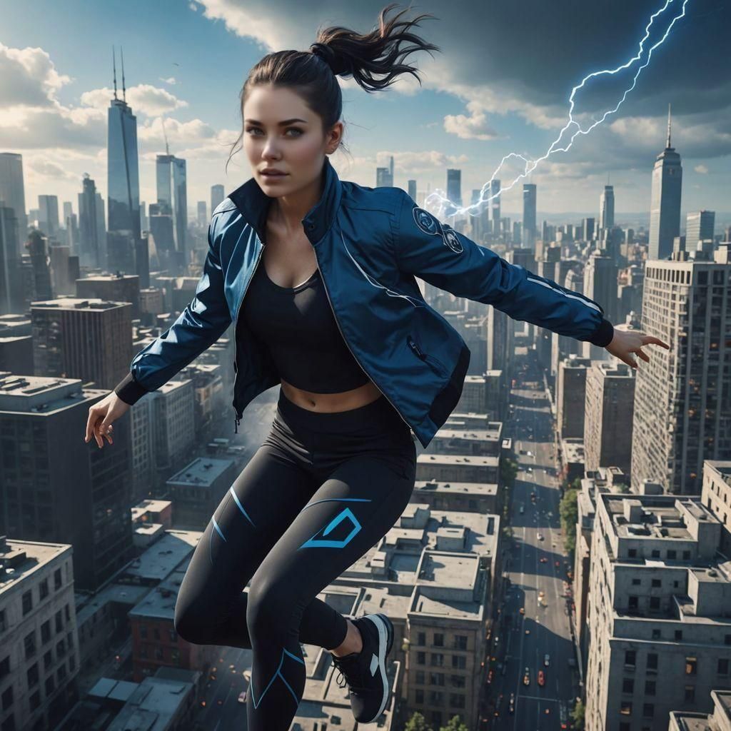 Electric Superheroine Soaring Above City, Fantasy Art