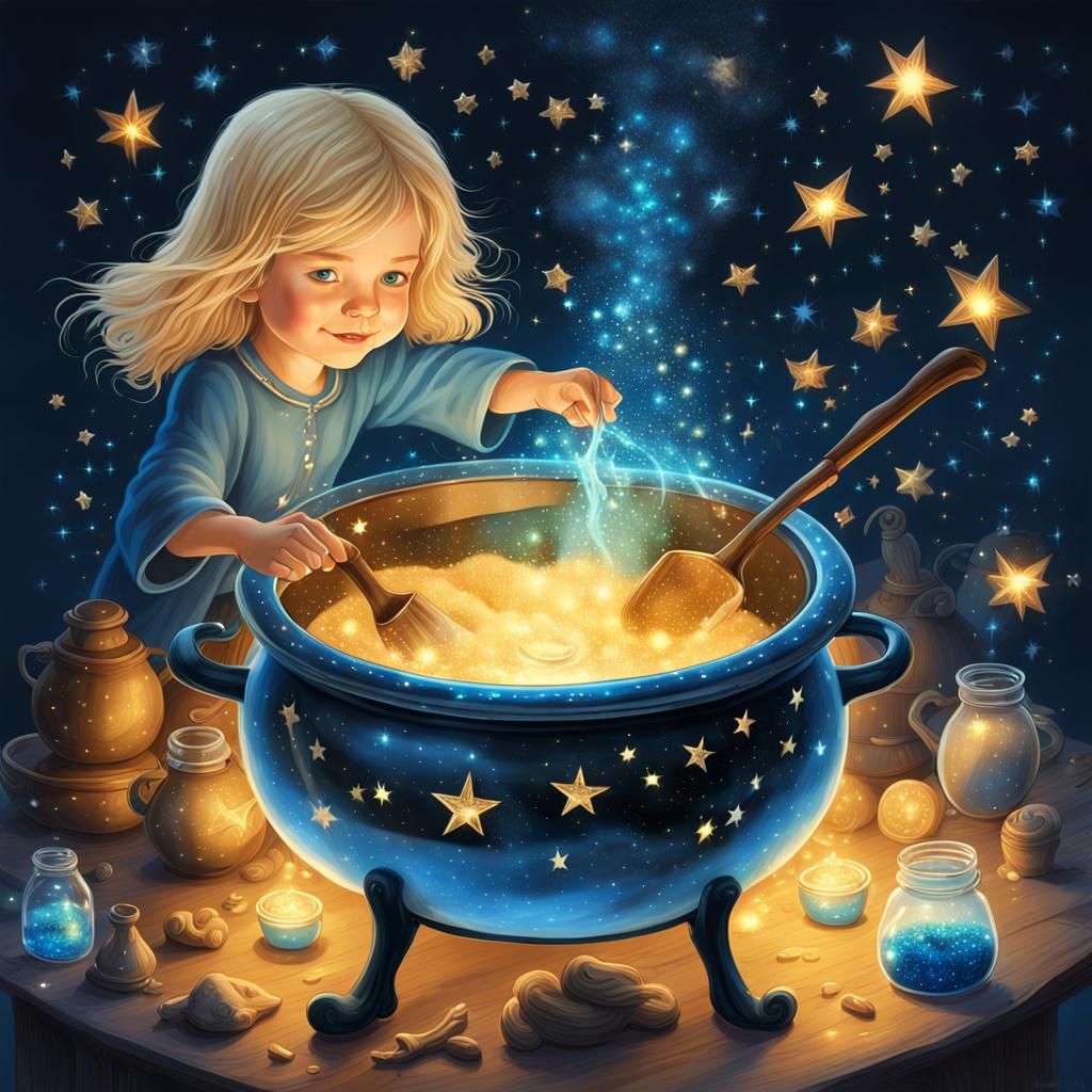Young Witch Stirring Exploding Star Cauldron