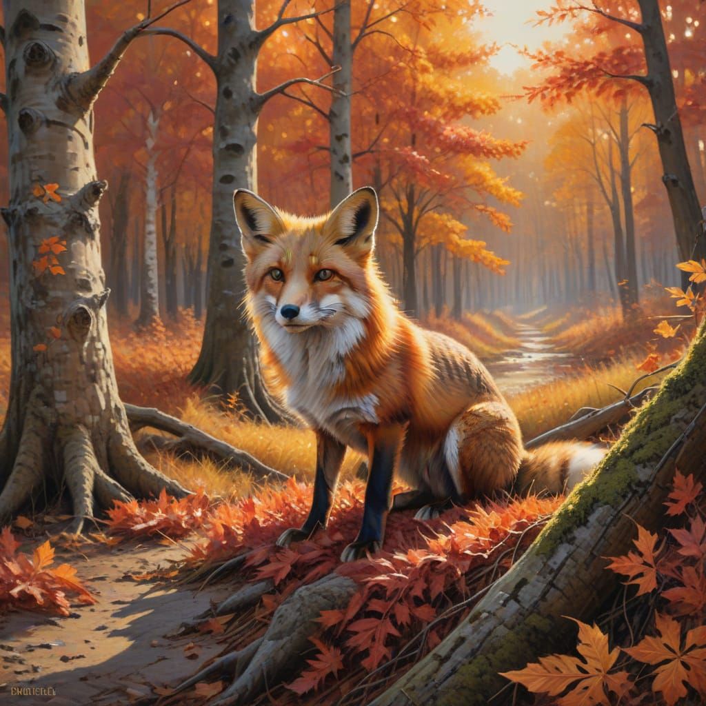 A red fox sits in the foreground facing forward, its fur det...