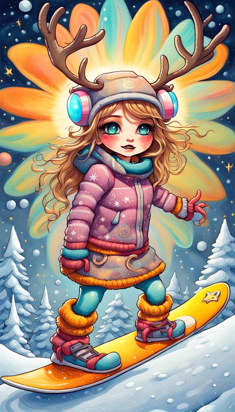 Reindeer monster girl surfing ice snowboard, Ice sculpture, ...