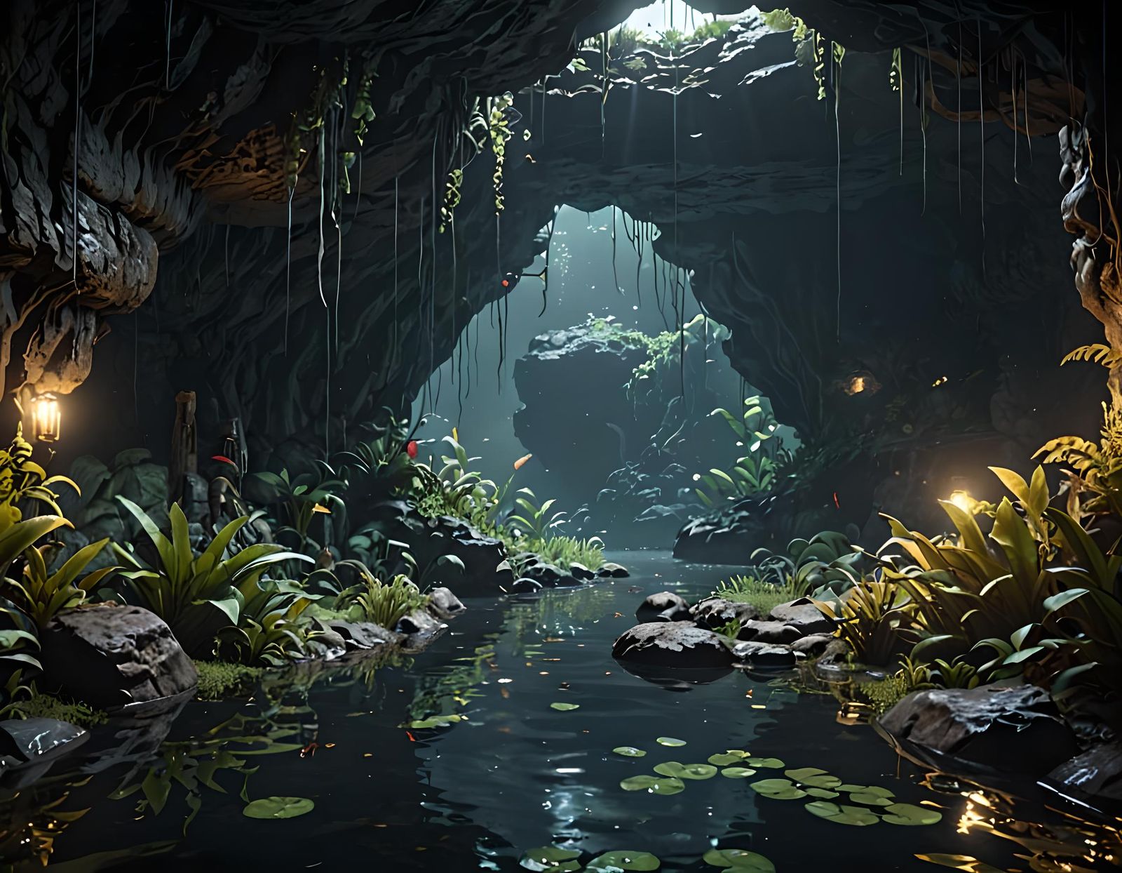 Dark, Atmospheric Cave Scene with Overgrown Plants