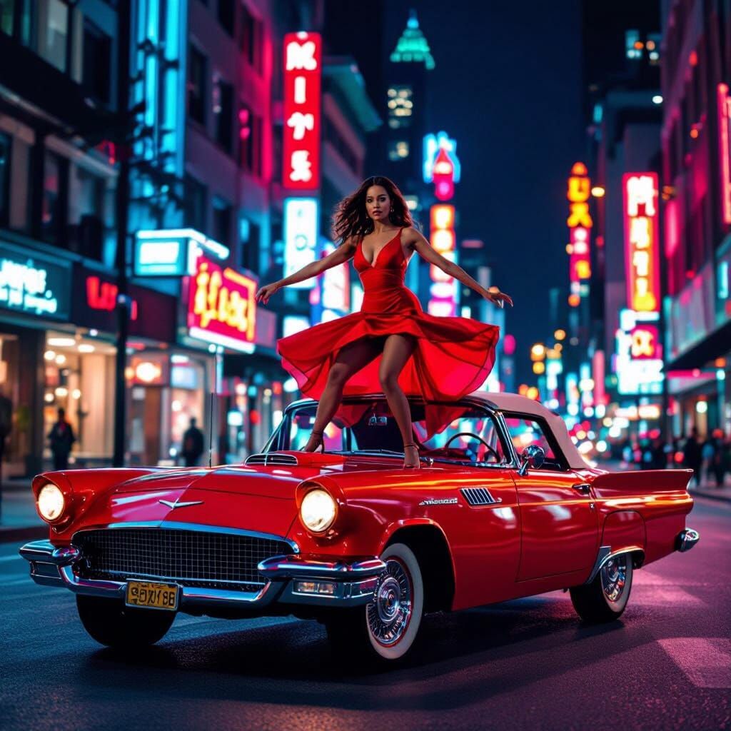 Woman in Red Dress Twerking on Vintage Car at Night