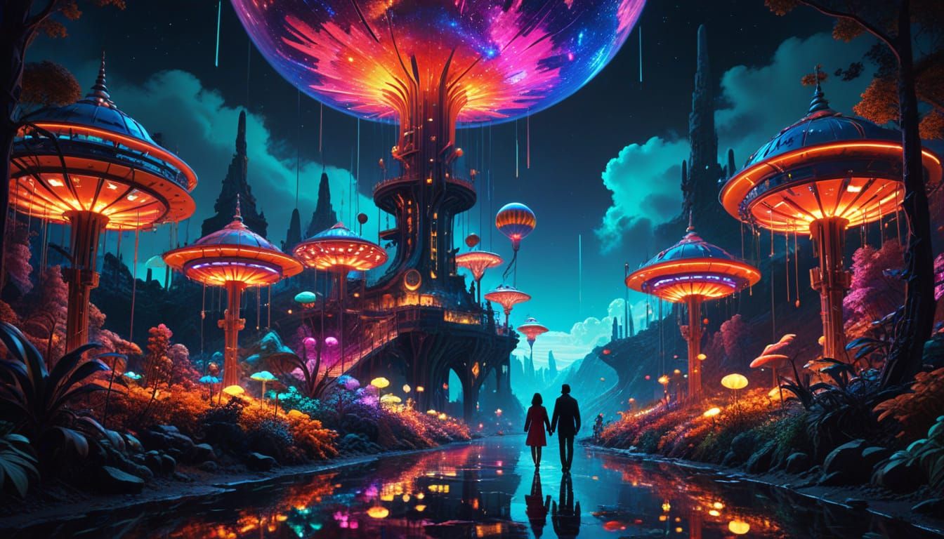 Surreal Sci-Fi Landscape with Neon Lights