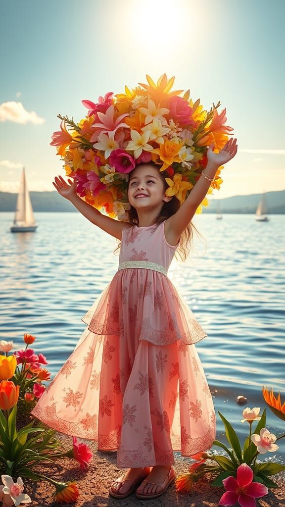 Young Girl Releases Vibrant Bouquet Against Serene Lake Back...