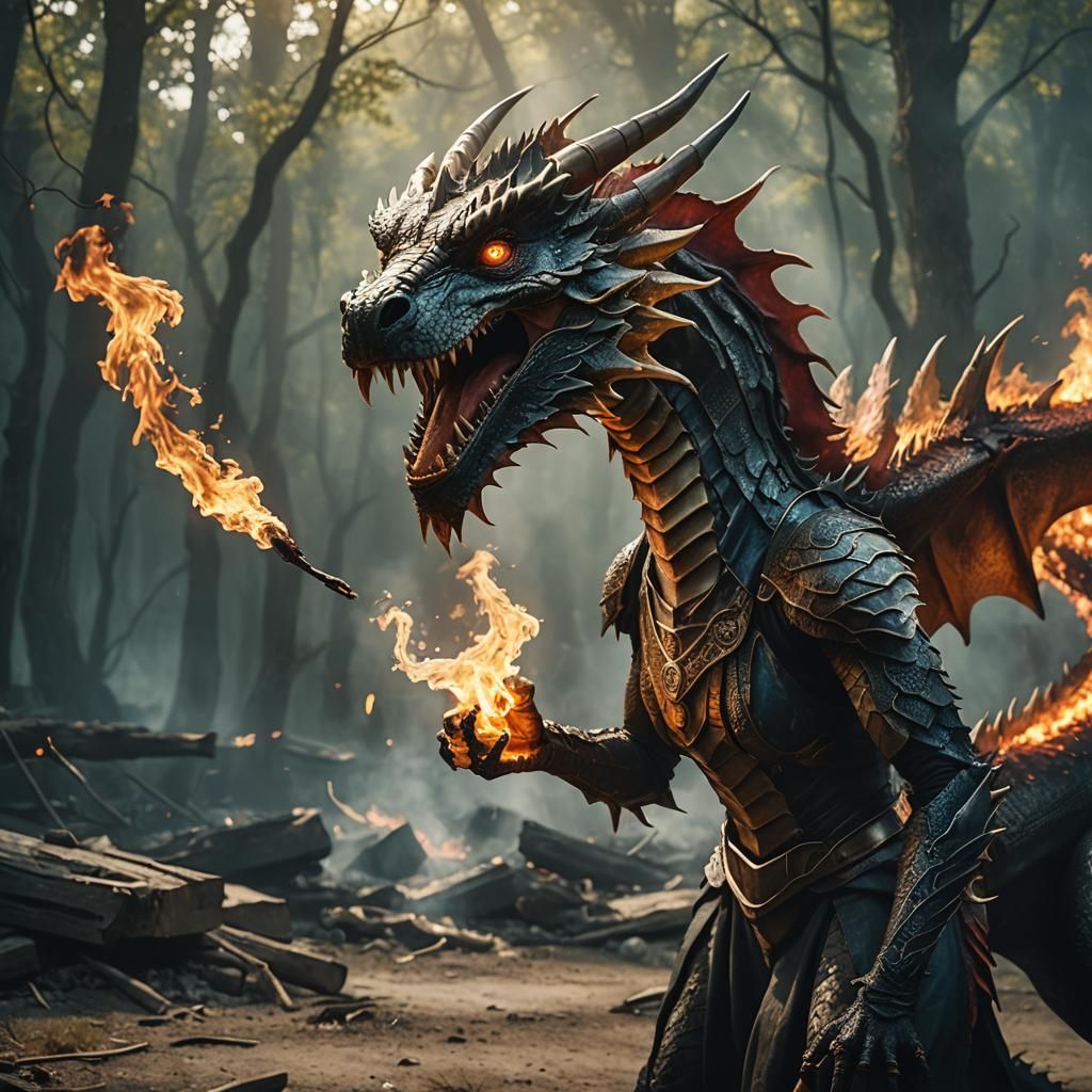 Dramatic Female Dragon Breathing Fire