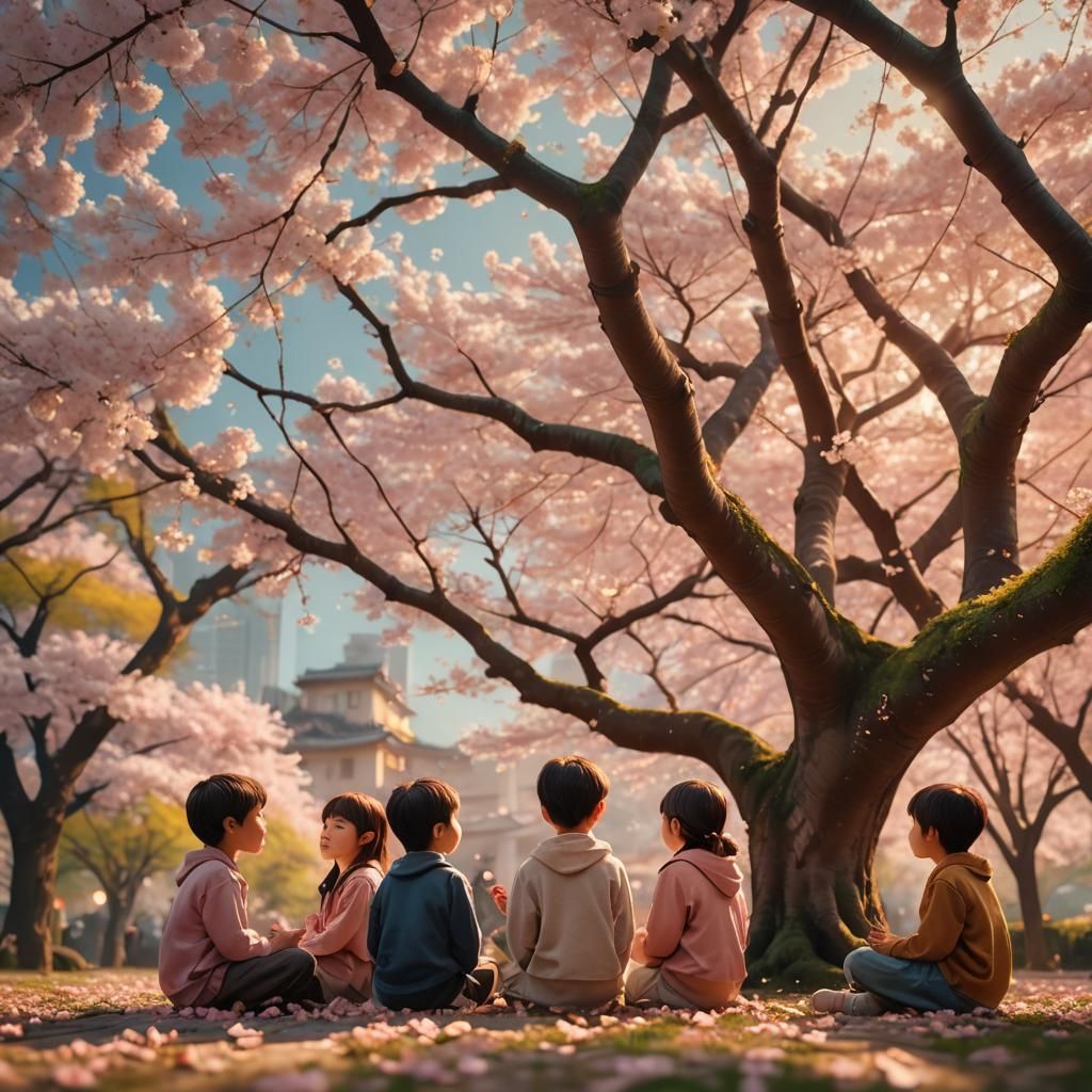 Children Contemplating Sakura in Dreamy Fantasy Art