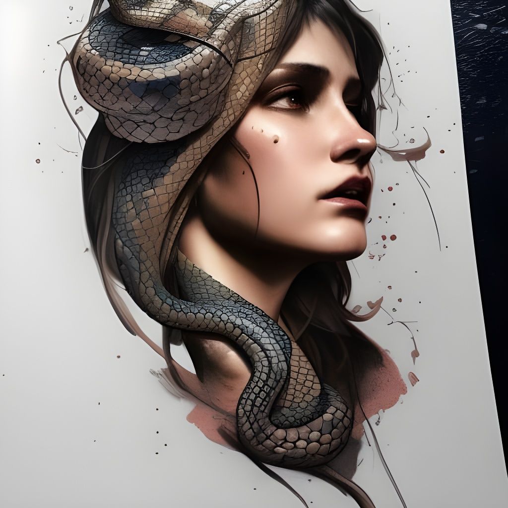 Detailed Portrait with Snake Tattoos in Digital Art Style