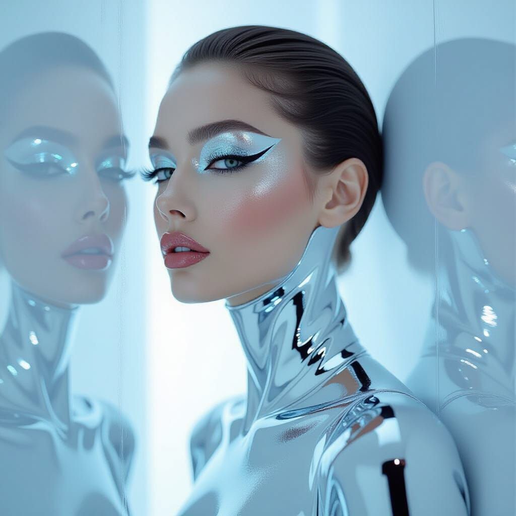 Silver Siren: High Fashion Model in Minimalist Void