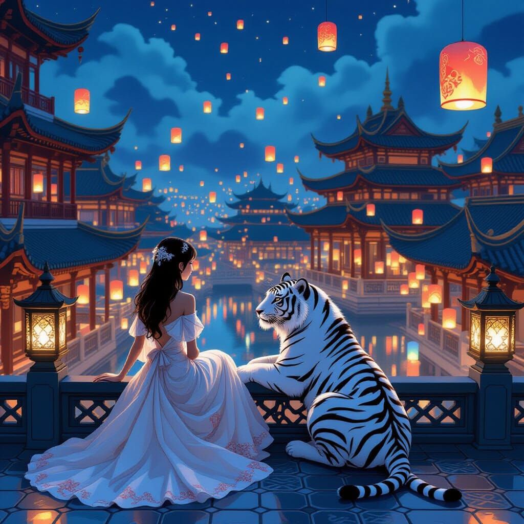 Ancient Palace Courtyard with Lanterns and Tiger