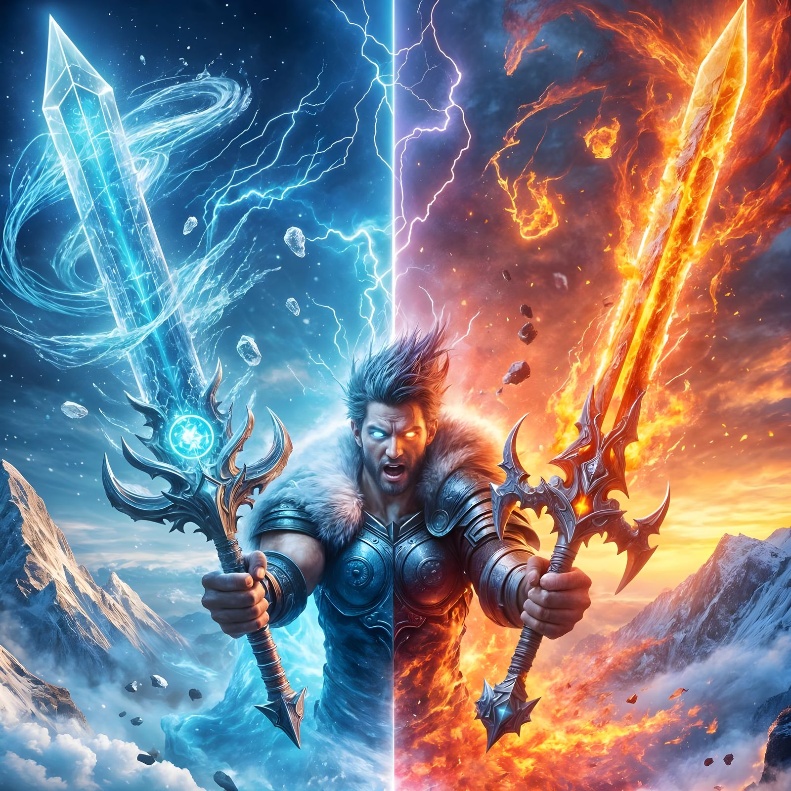 Epic Warrior Wields Dual Legendary Swords in Mid-Air Combat