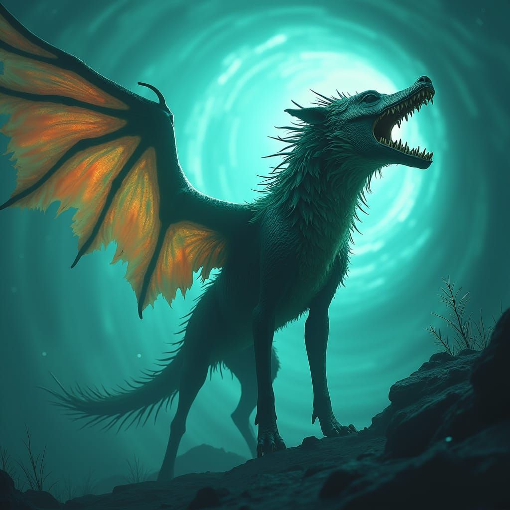 Dog-Crocodile Hybrid with Wings in a Futuristic Style