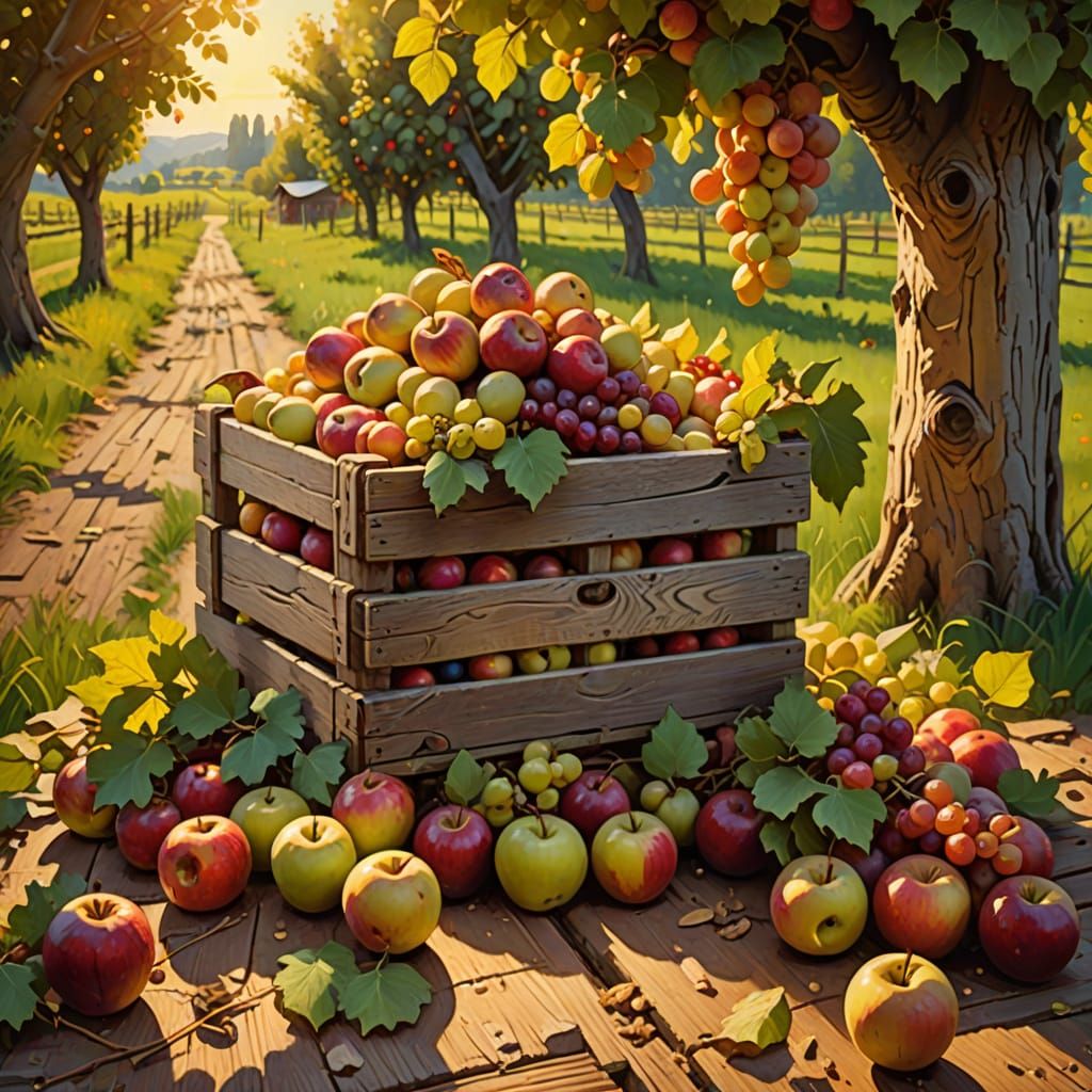 Abundant Harvest Crate in Golden Hour Orchard Painting