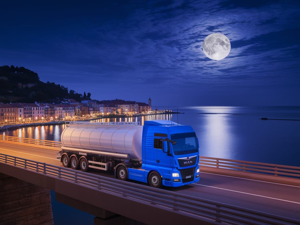 Man Truck Crossing Illuminated Bridge Over Sea at Night
