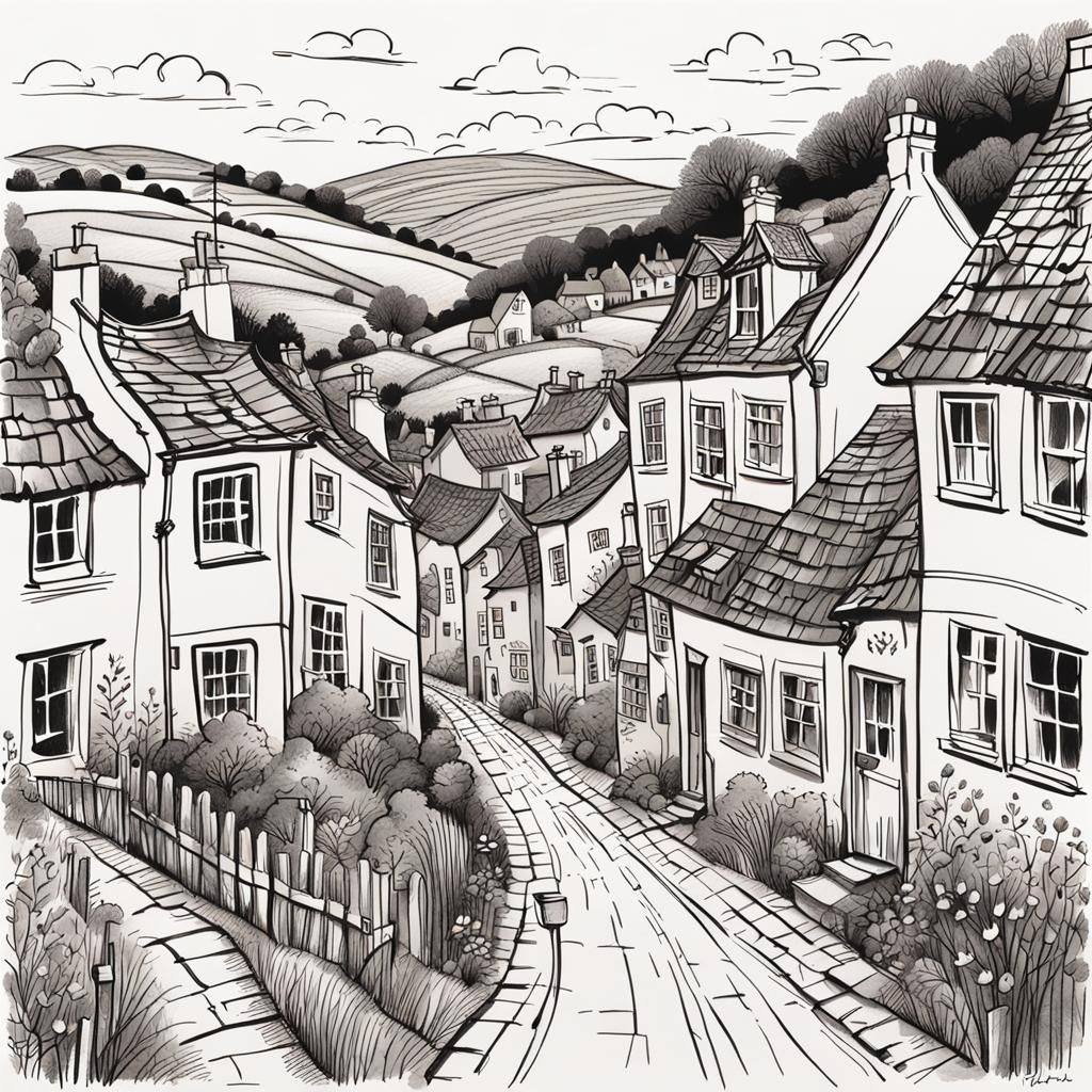 Quaint Village Illustration in Pen and Ink Style