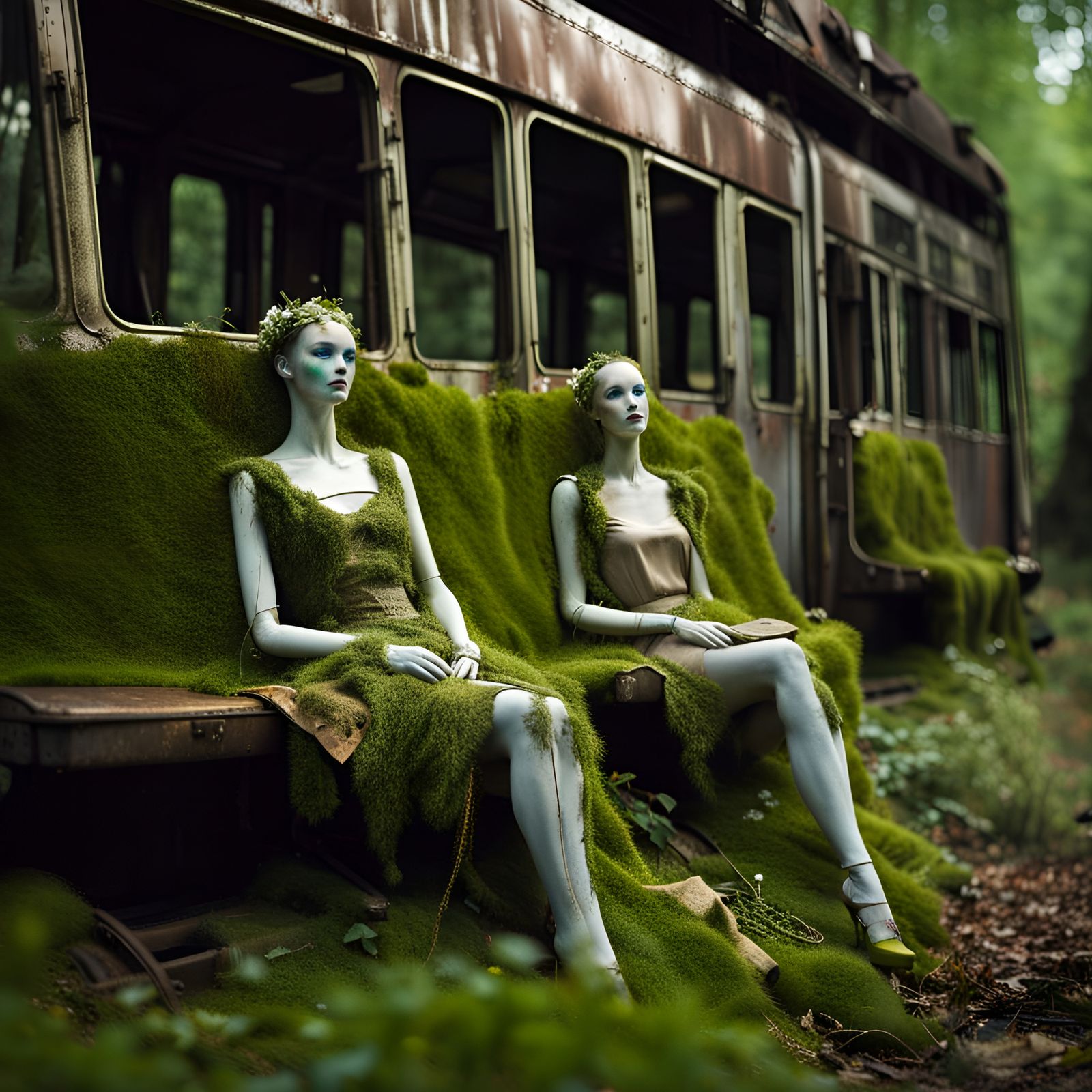 Biopunk Mannequins in Abandoned Tram, Close-Up