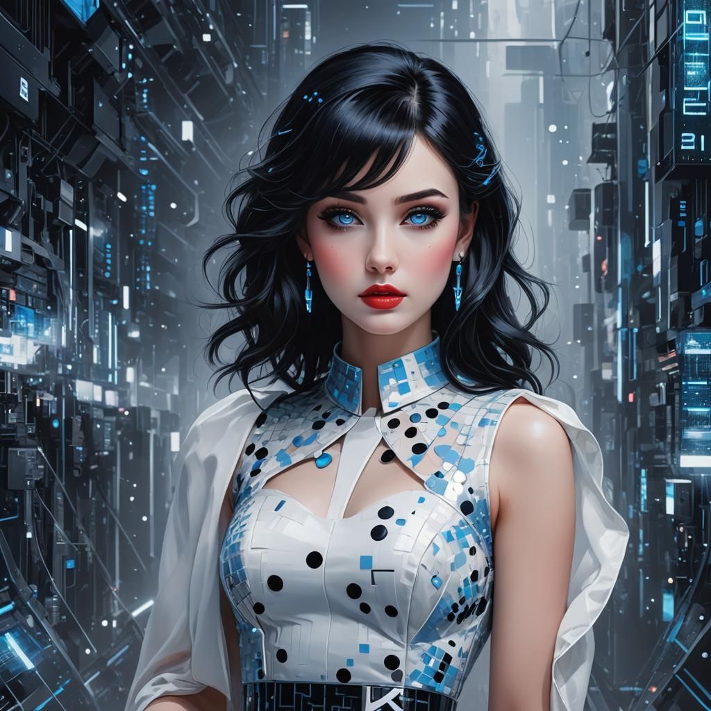 Elegant Woman with Bold Makeup in Futuristic Setting