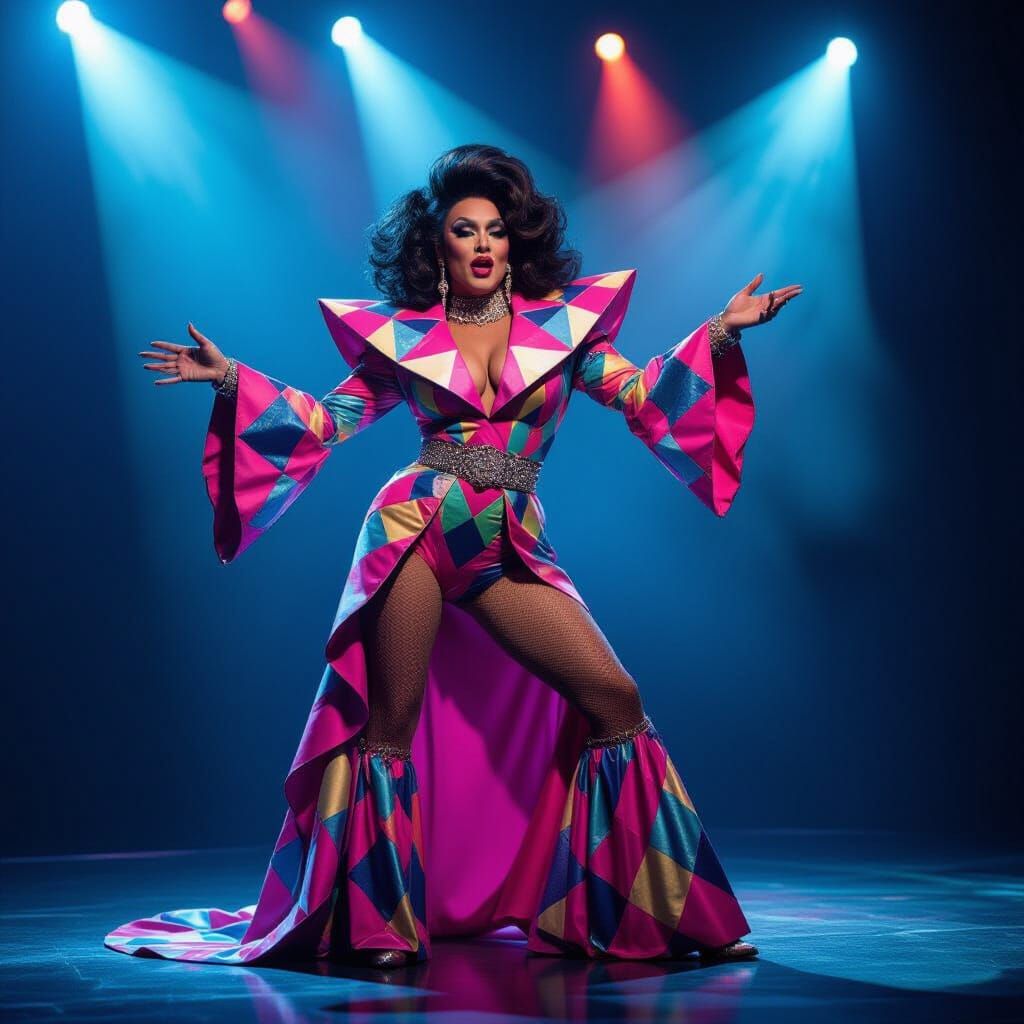 Glamorous Drag Queen Poses on Stage in 80s Style