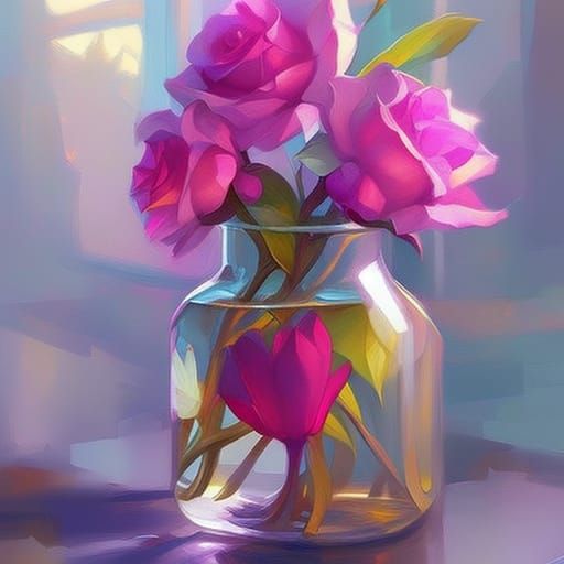 Flowers in Glass Bottle: Photorealistic Fantasy Art