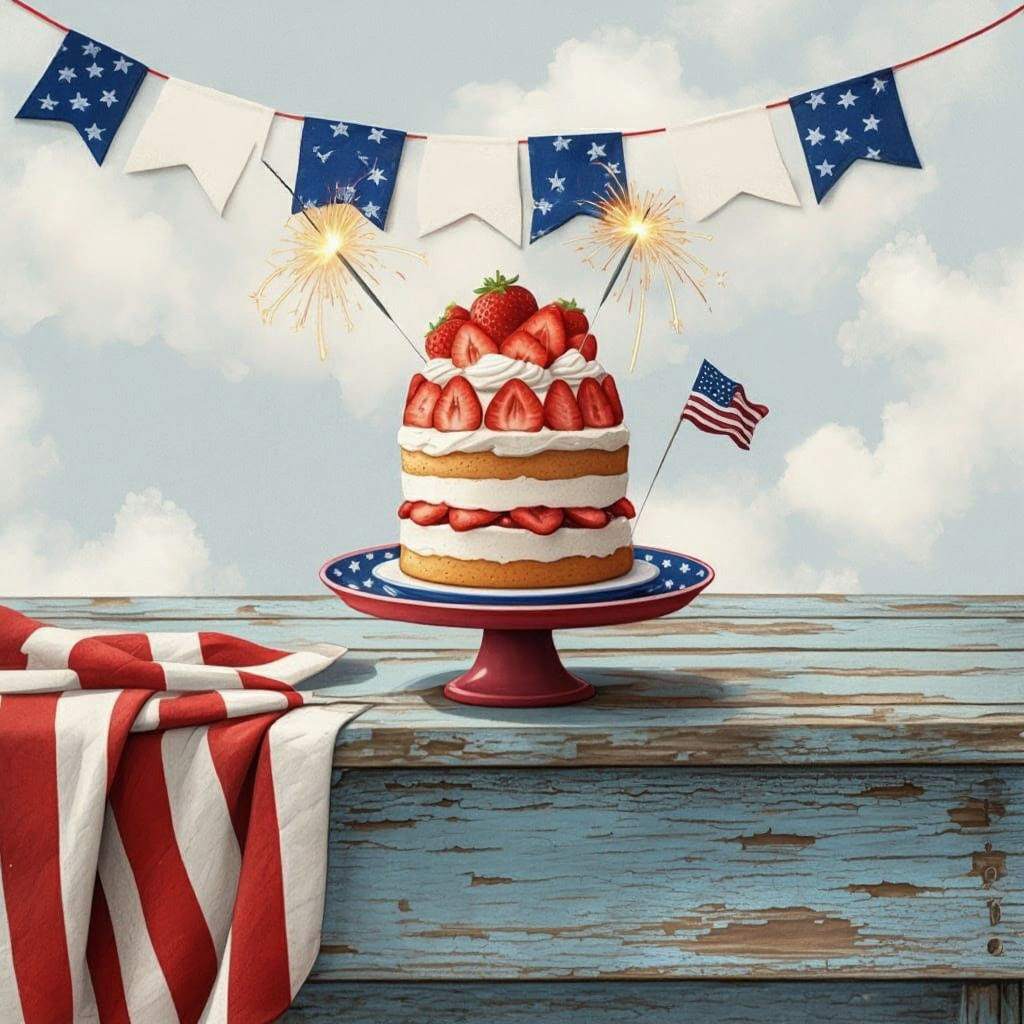 Festive Americana Strawberry Shortcake Watercolor Painting