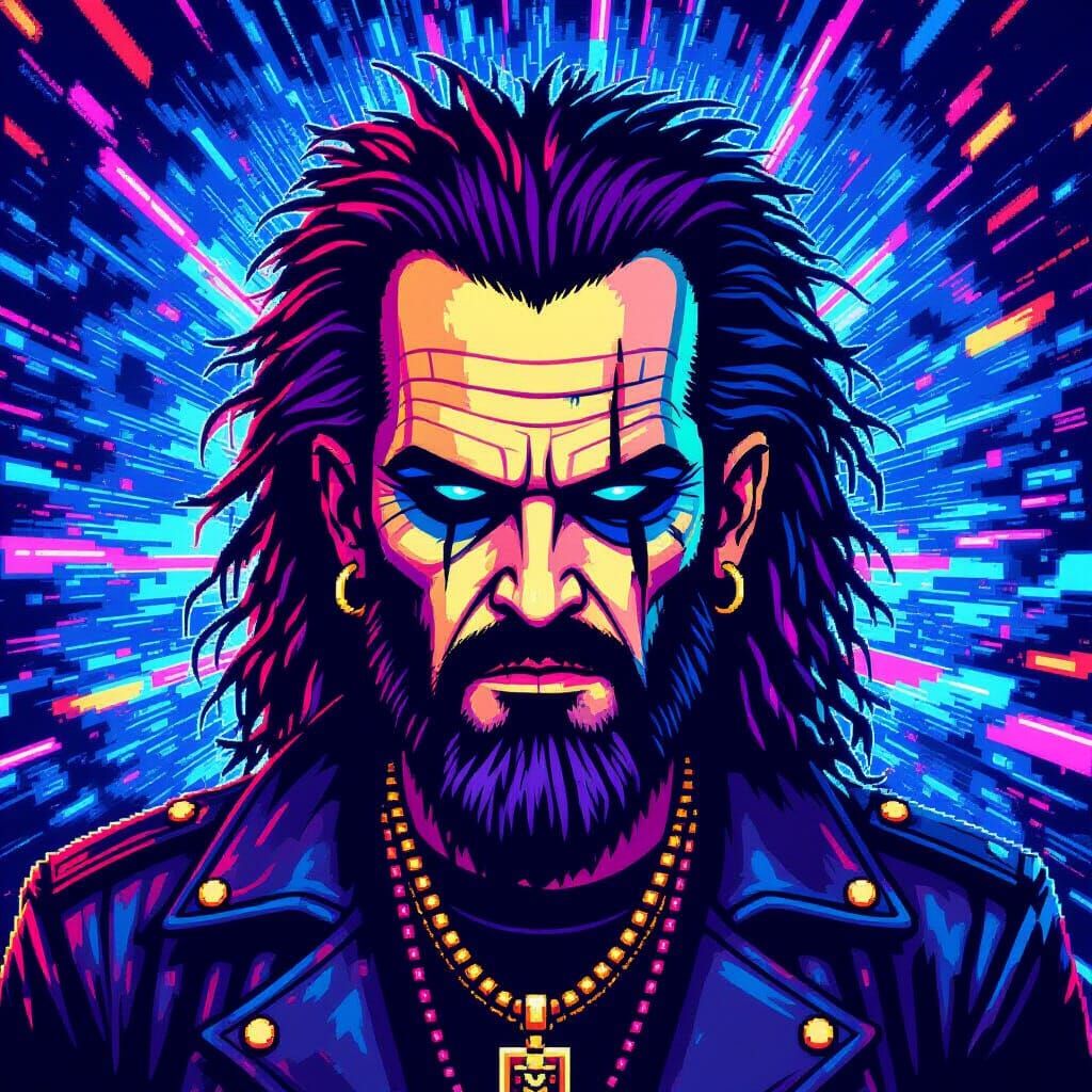 Rob Zombie Pixel Art Portrait in Retro 8-Bit Style