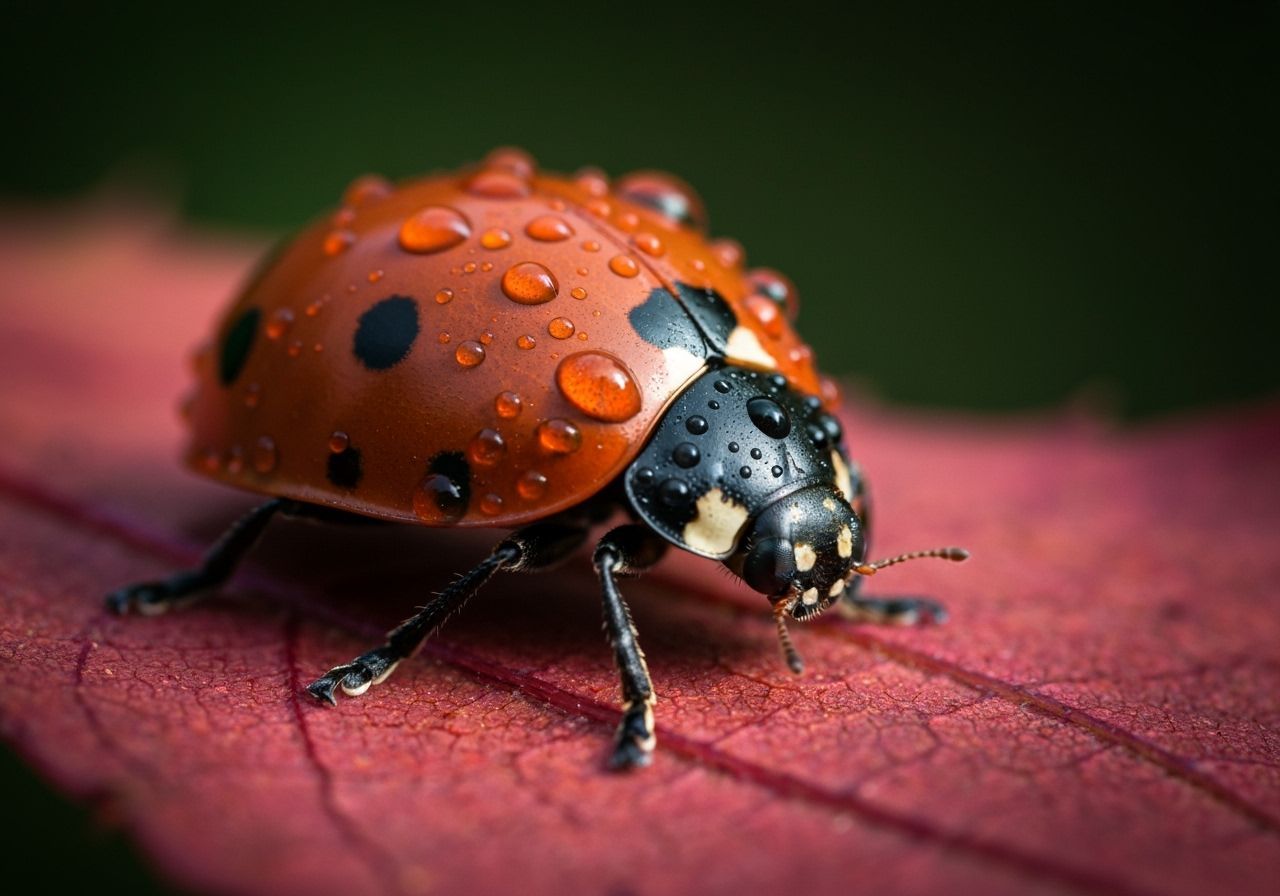 Ladybug Crawling on Red Leaf in Splash Art Style