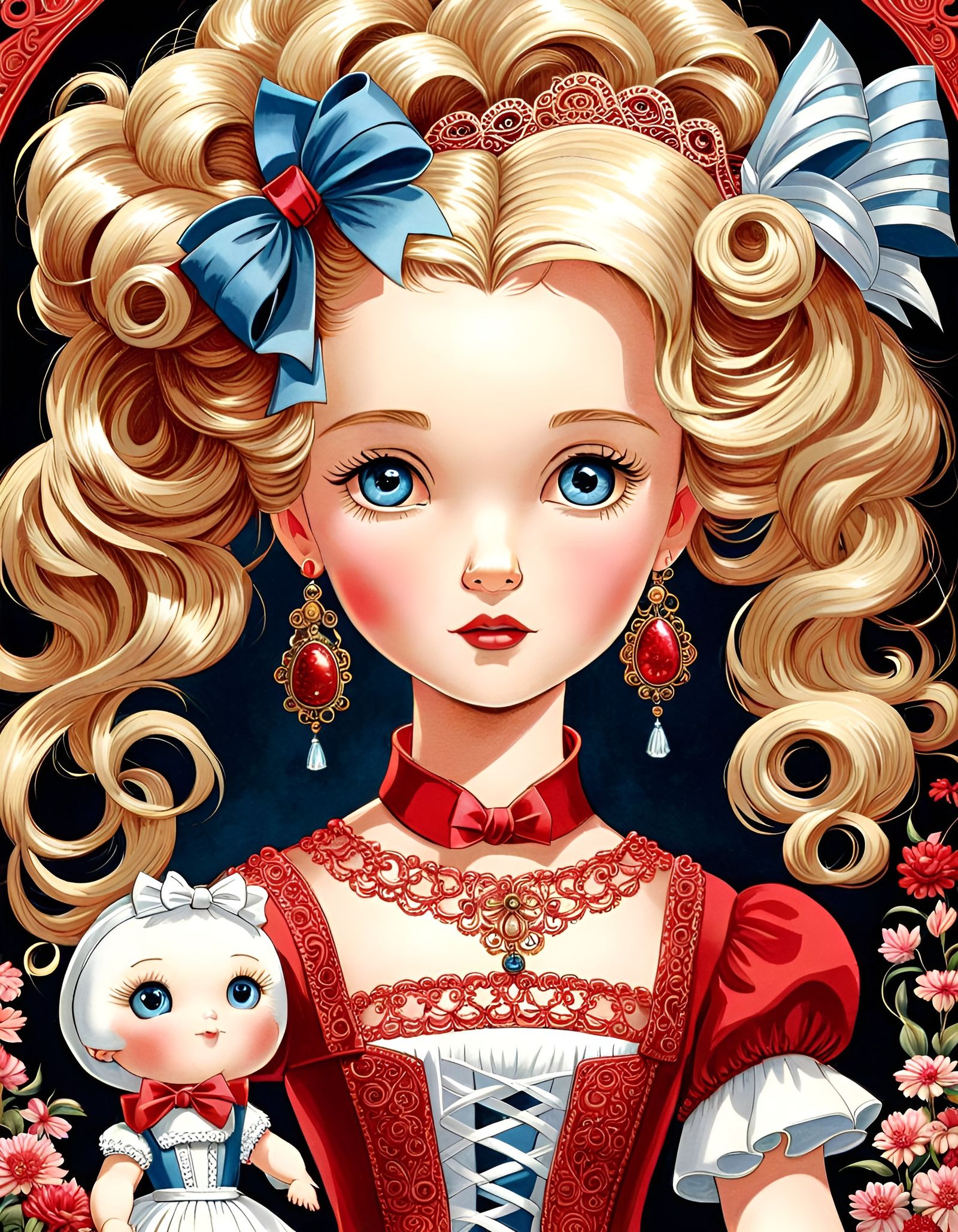 Vintage Baby Girl with Doll in Gouache Style