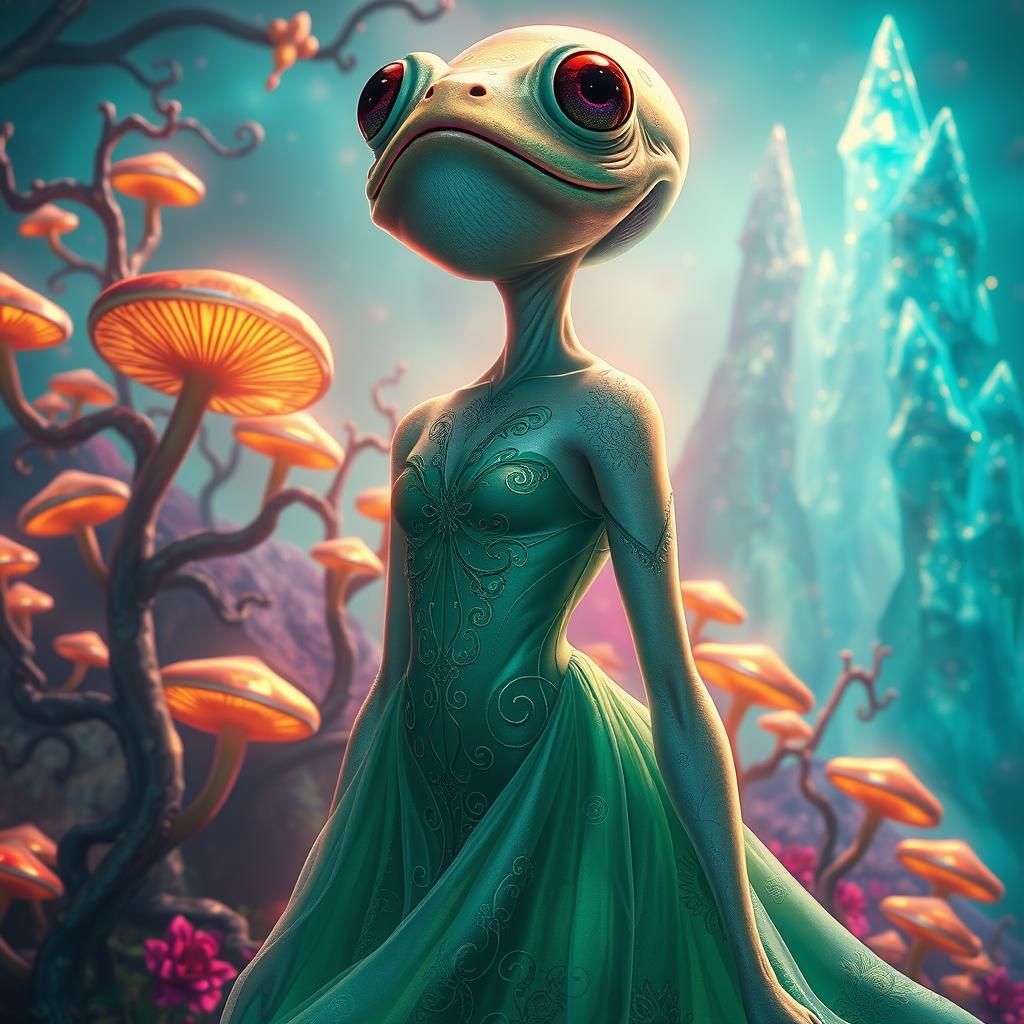 Ethereal Alien Woman with Frog Face in Fantasy Setting