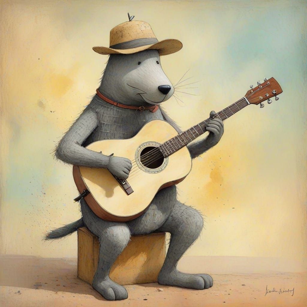 Whimsical Guitar Player in Watercolor Style