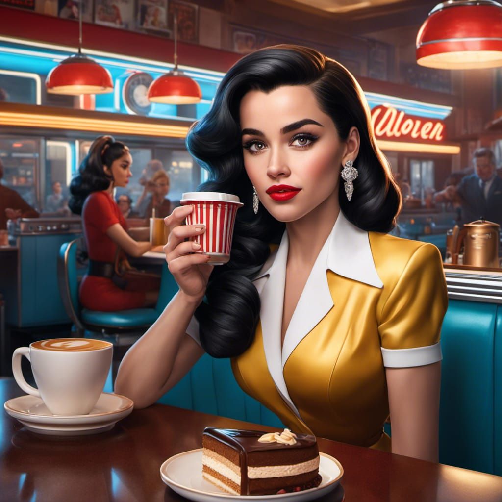 Sofia Carson in a 1950s diner with plenty of coffee and cake