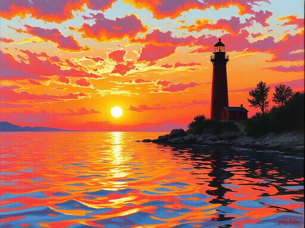 Sunset Lighthouse in Impressionist Style of Monet