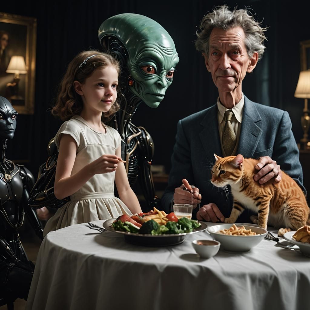 Smiling Aliens Party in Futuristic House, Hyperrealism