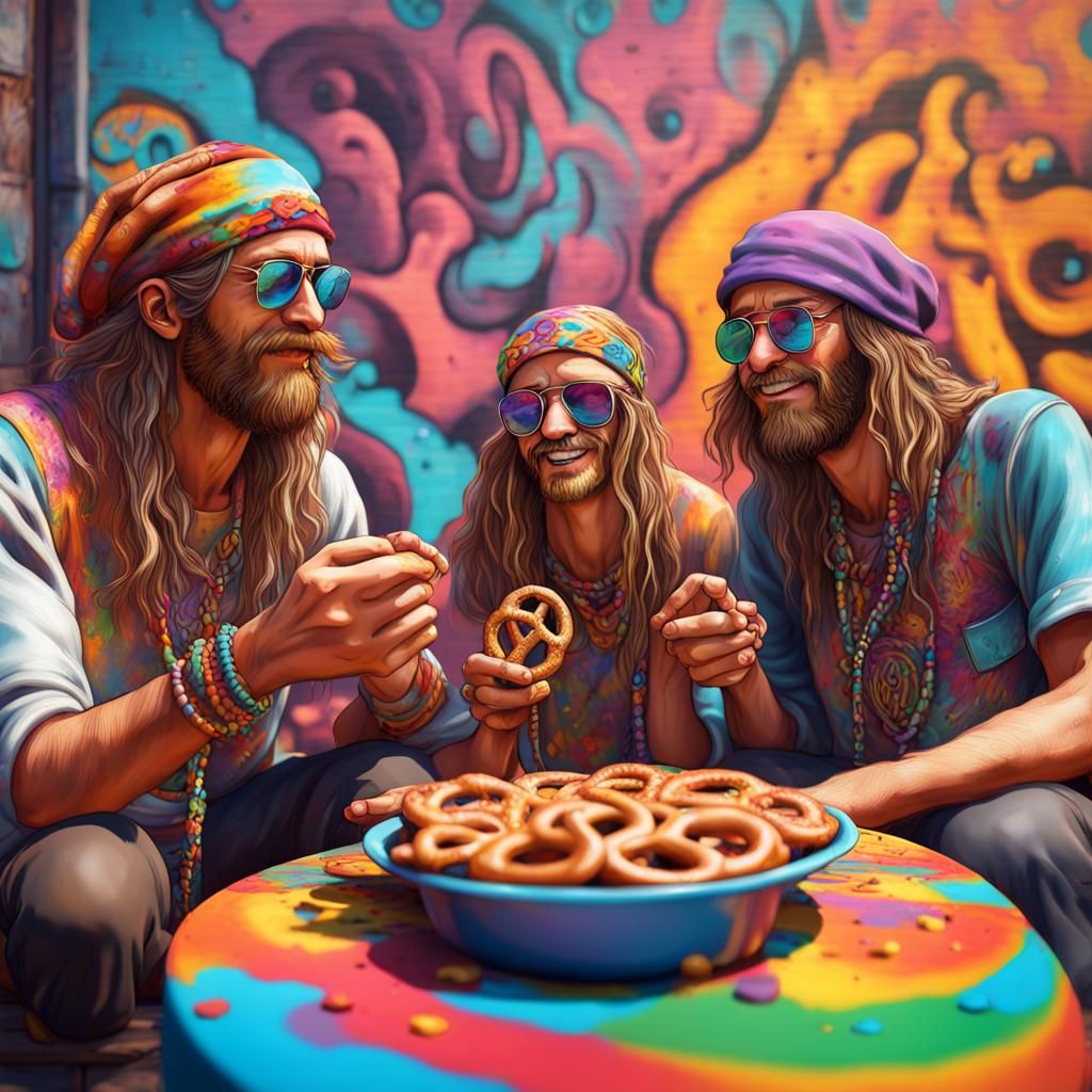 Hippie Friends Eating Pretzels in Fantasy Graffiti Art