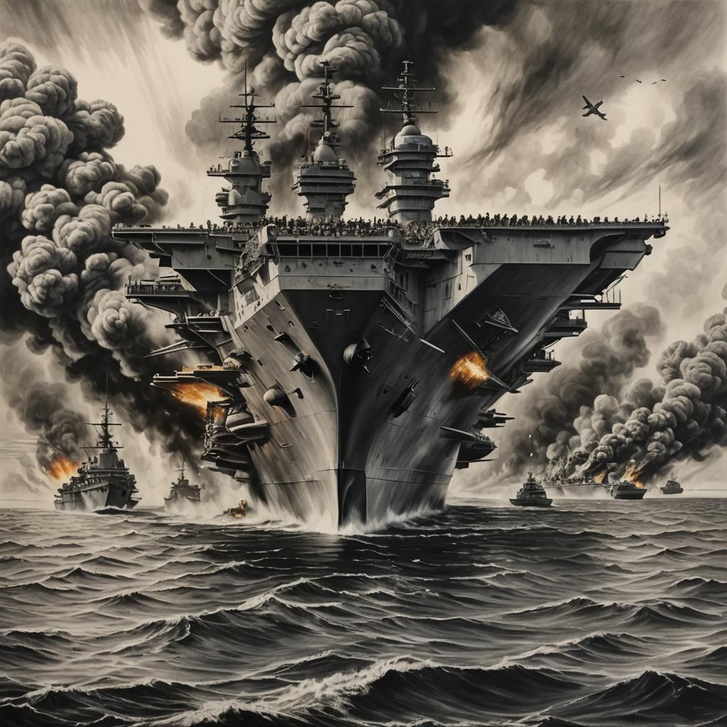 World War 2 Aircraft Carrier Fire in Charcoal
