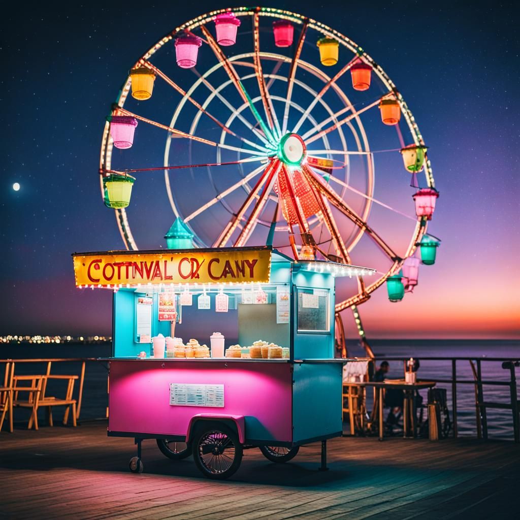 Cotton Candy Cart at Pier Carnival Under Moonlight