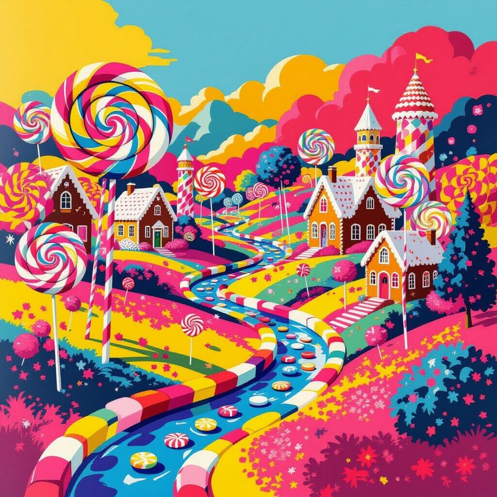 Pop Art Candyland Landscape in Warhol Style