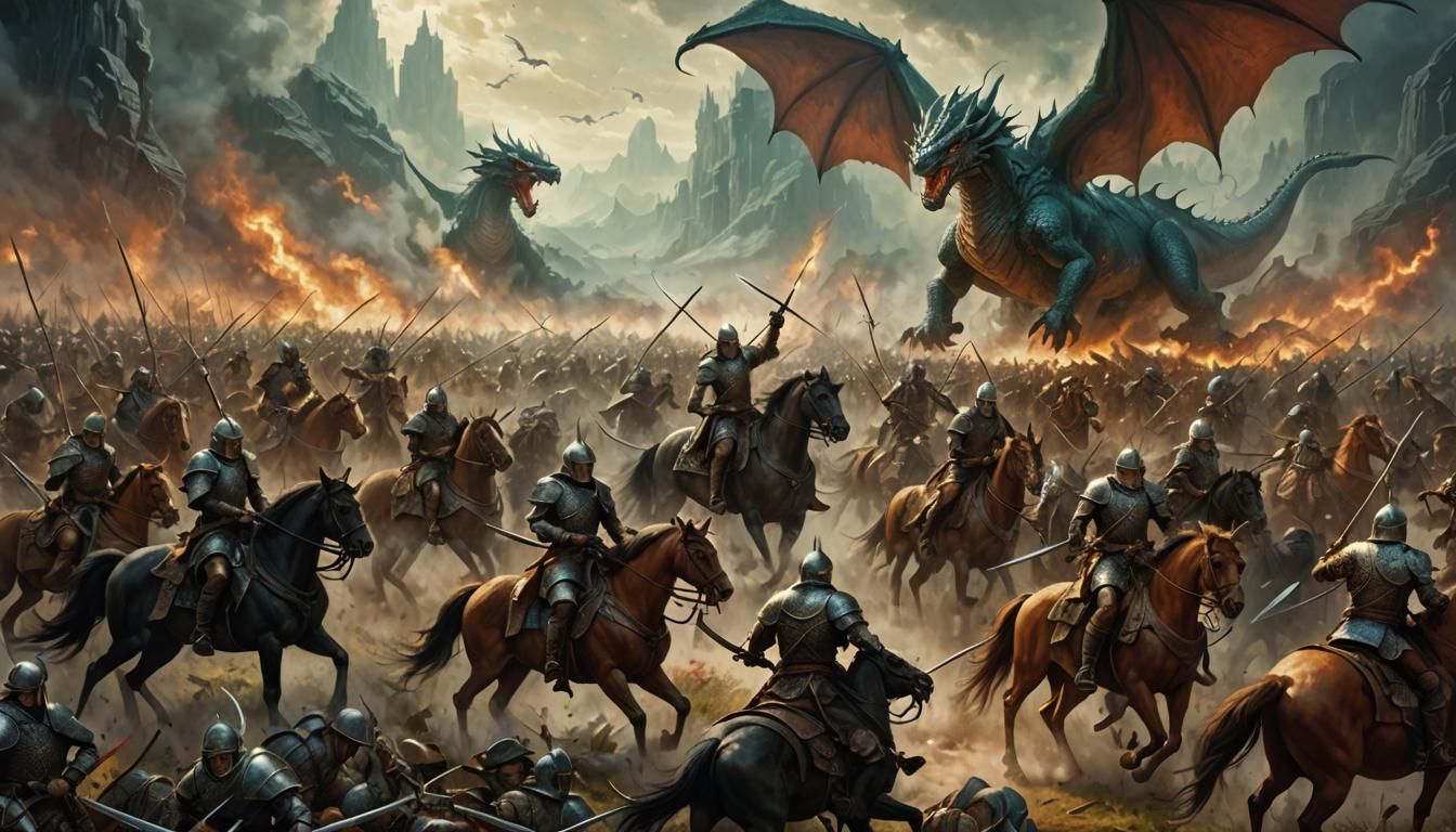 Epic Fantasy Battle with Dragons and Armies