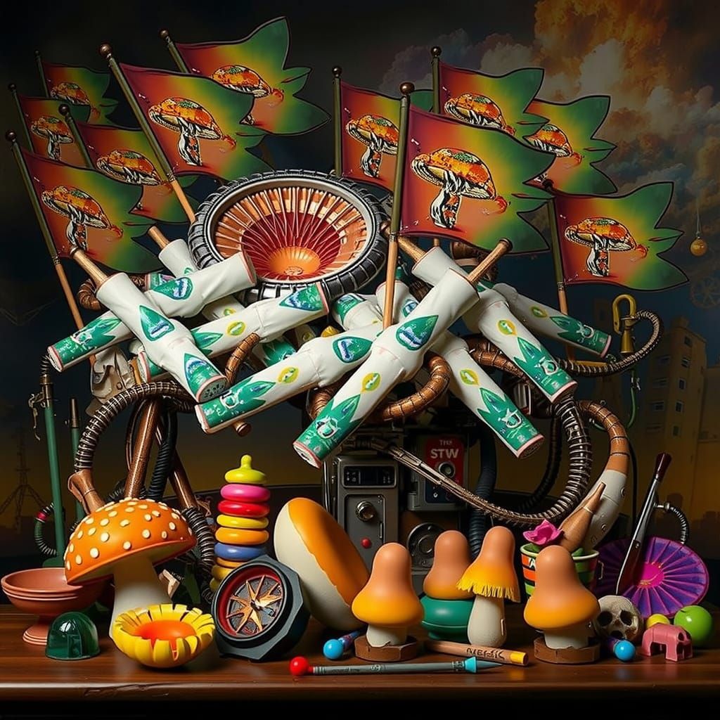 Surreal Mushroom Flags and Futuristic Architecture