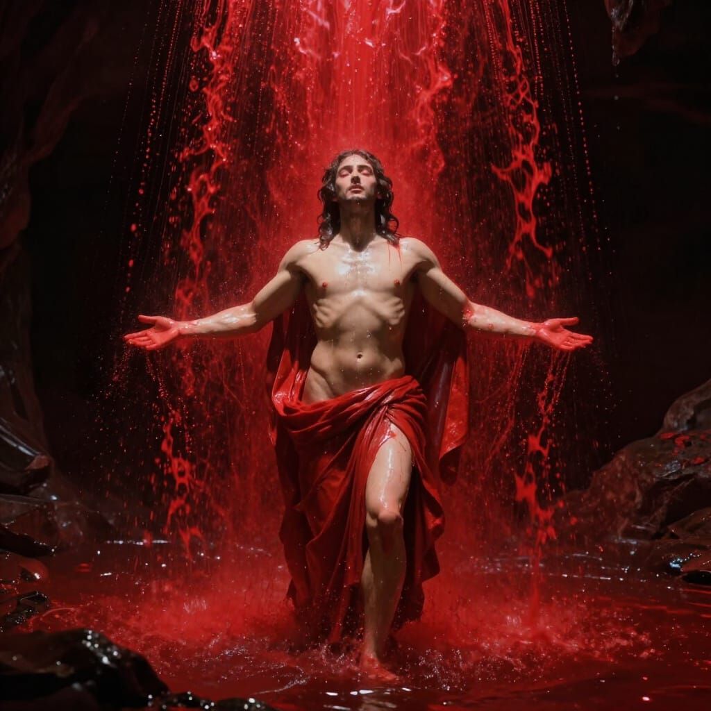 Figure Washed in Crimson Light Symbolizing Redemption
