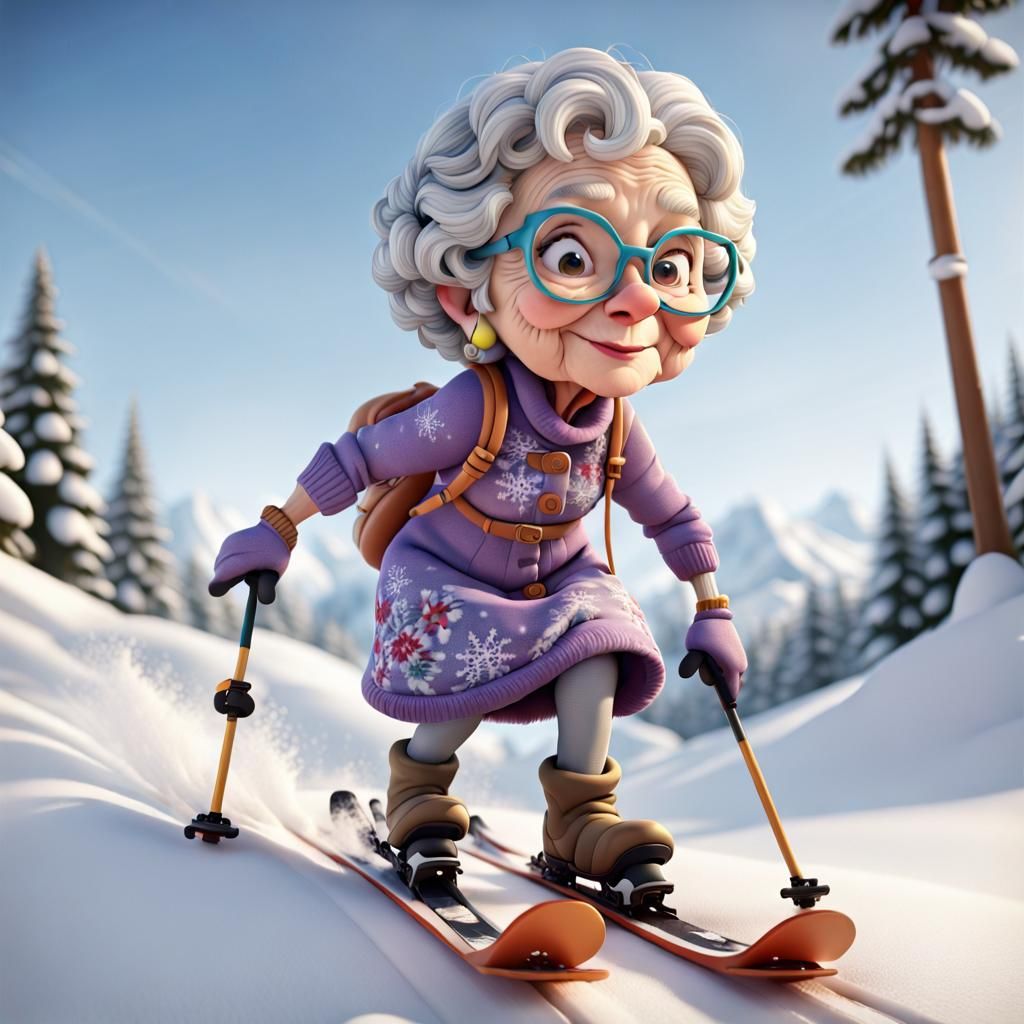 Cartoon Granny on Skis in 16k Resolution