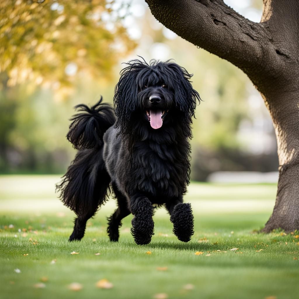 Black Puli Dog Playing Near an Elm Tree
