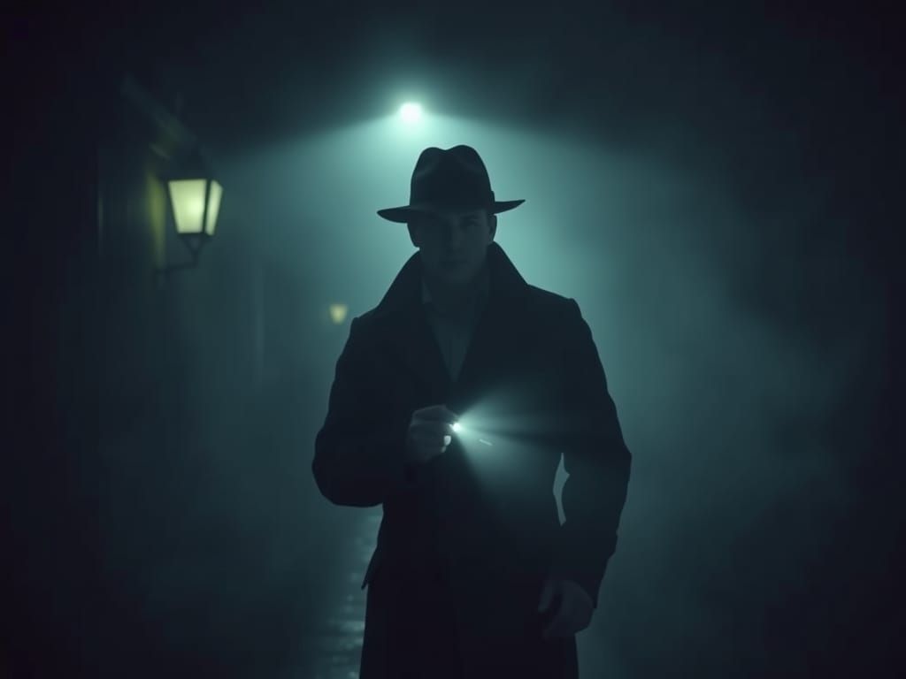 1950s Detective on Misty Street in Film Noir Style