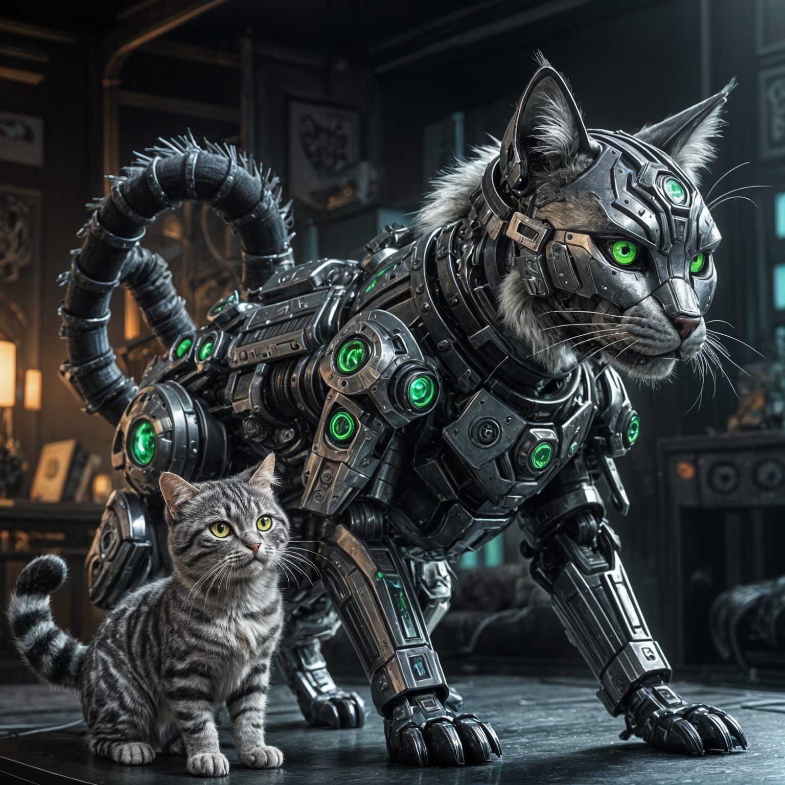 Robotic Cat Observes Sorceress: 3D Anime Art
