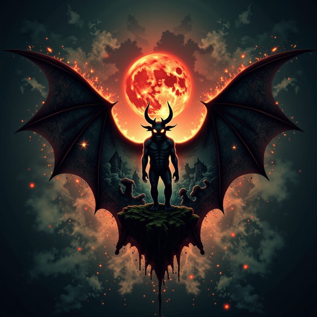 Surreal Bat Silhouette with Hellscape and Devil