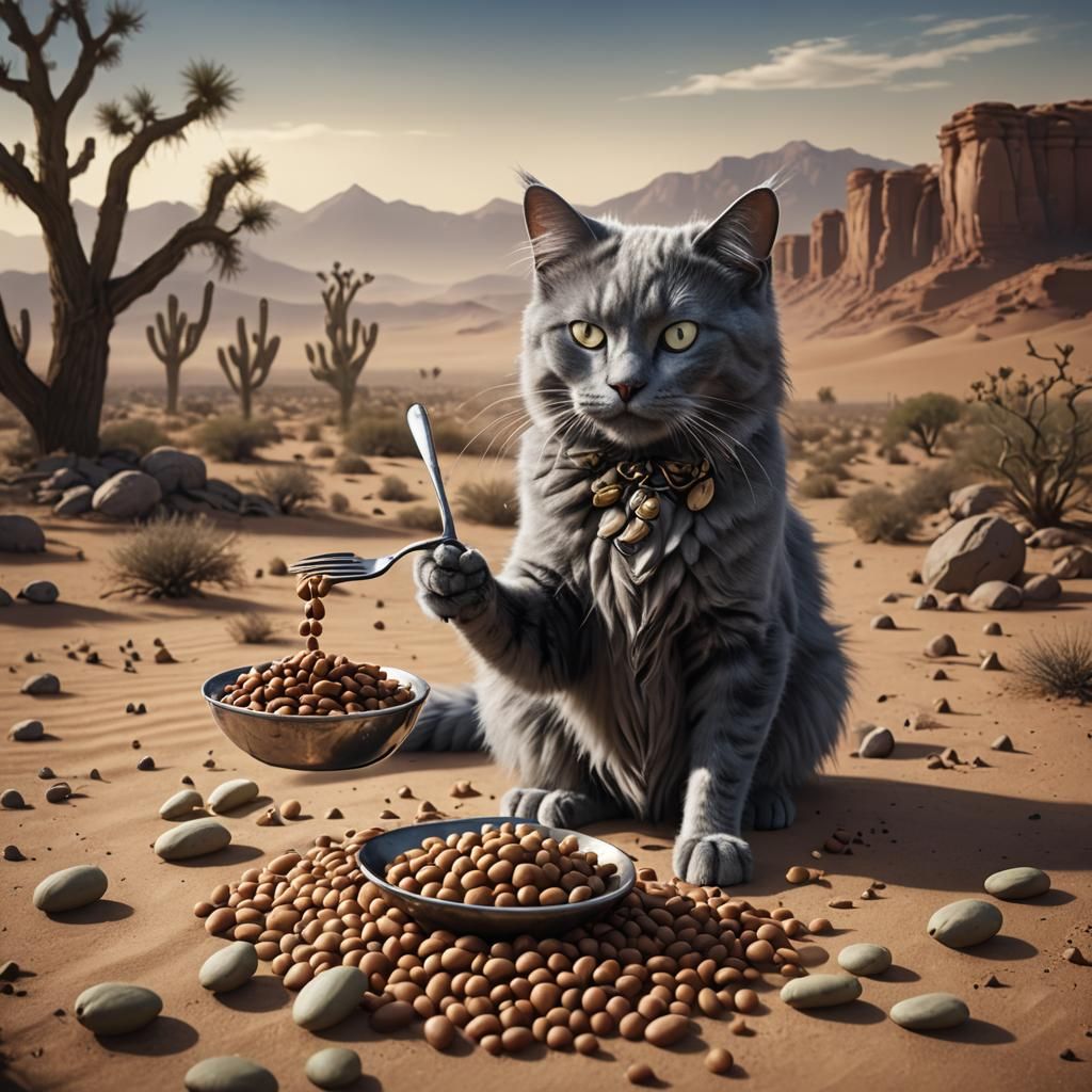 Nebelung Cat Eats Beans in Desert Landscape