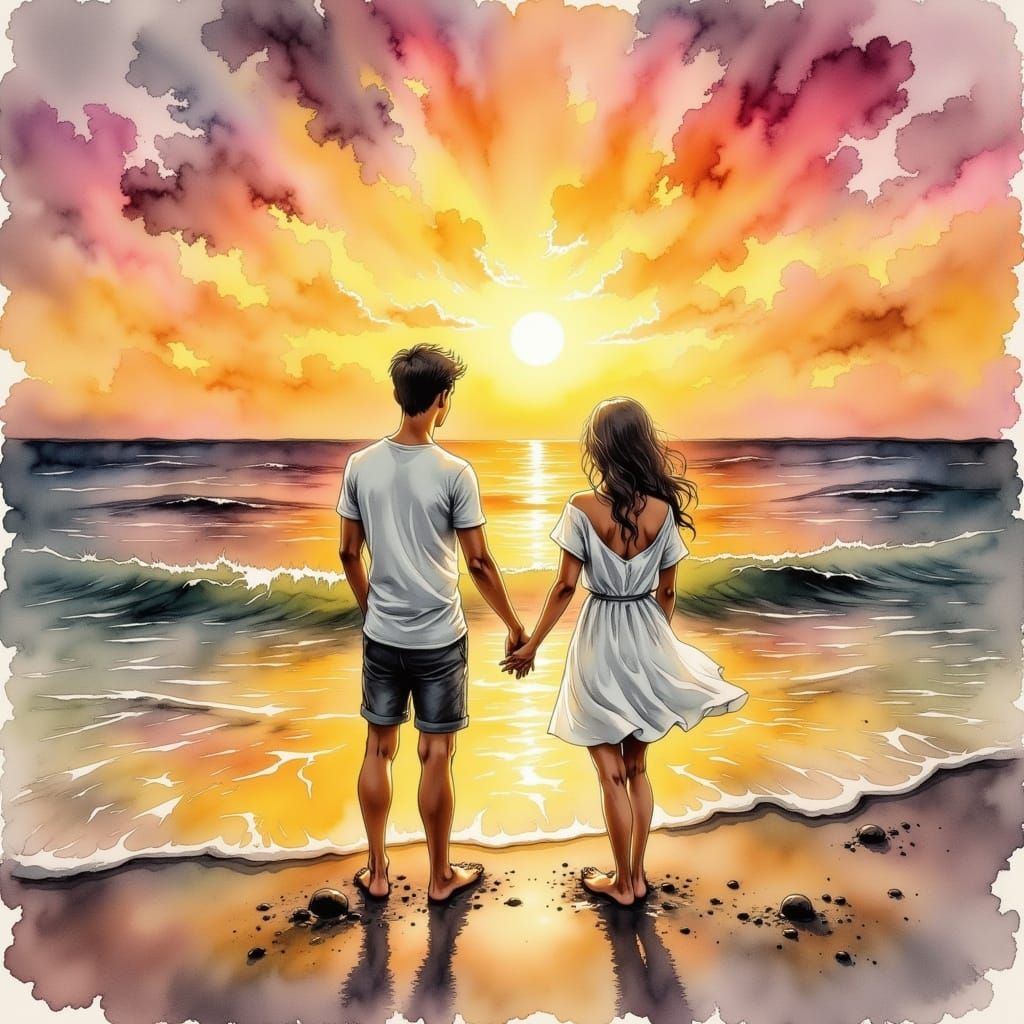 Love Shines at Sunset in Whimsical Watercolor Style
