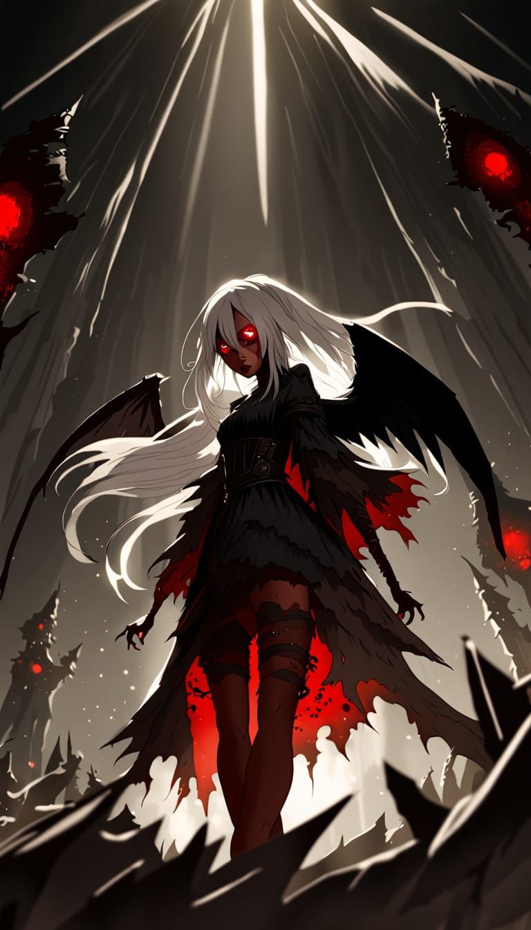 Cursed Angel Woman with Glowing Red Eyes in Gothic Outfit