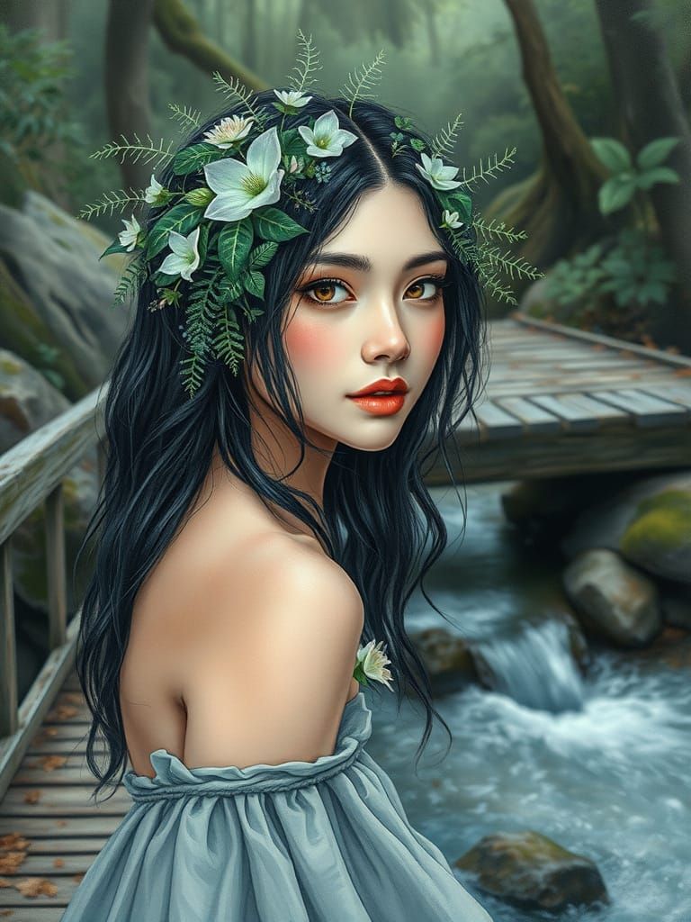 Mystical Woman with Bioluminescent Hair on Bridge